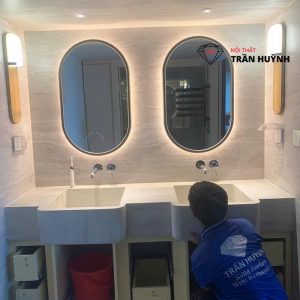 Dự Án Phú Hoàng Anh: Hoàn Thiện Lavabo & Tab Đầu Giường Đá Vân Mây Tại Chung Cư