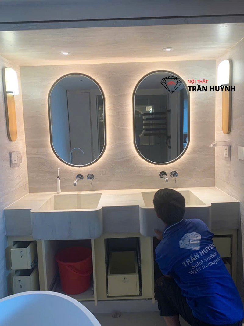 Dự Án Phú Hoàng Anh: Hoàn Thiện Lavabo & Tab Đầu Giường Đá Vân Mây Tại Chung Cư