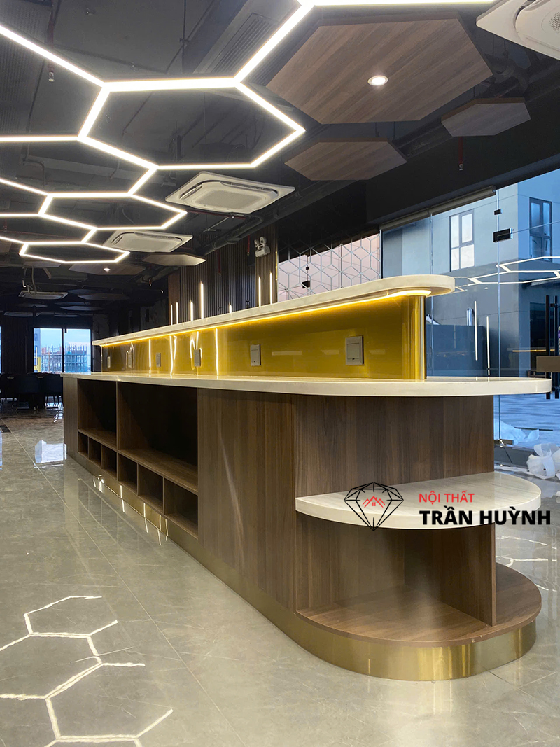 Dự Án Thi Công Thực Tế Tại Bcons Dĩ An Bình Dương – Hạng Mục Quầy Buffet, Quầy Bar, Quầy Lễ Tân, Bàn Ăn & Lavabo Đá Solid Surface Cao Cấp