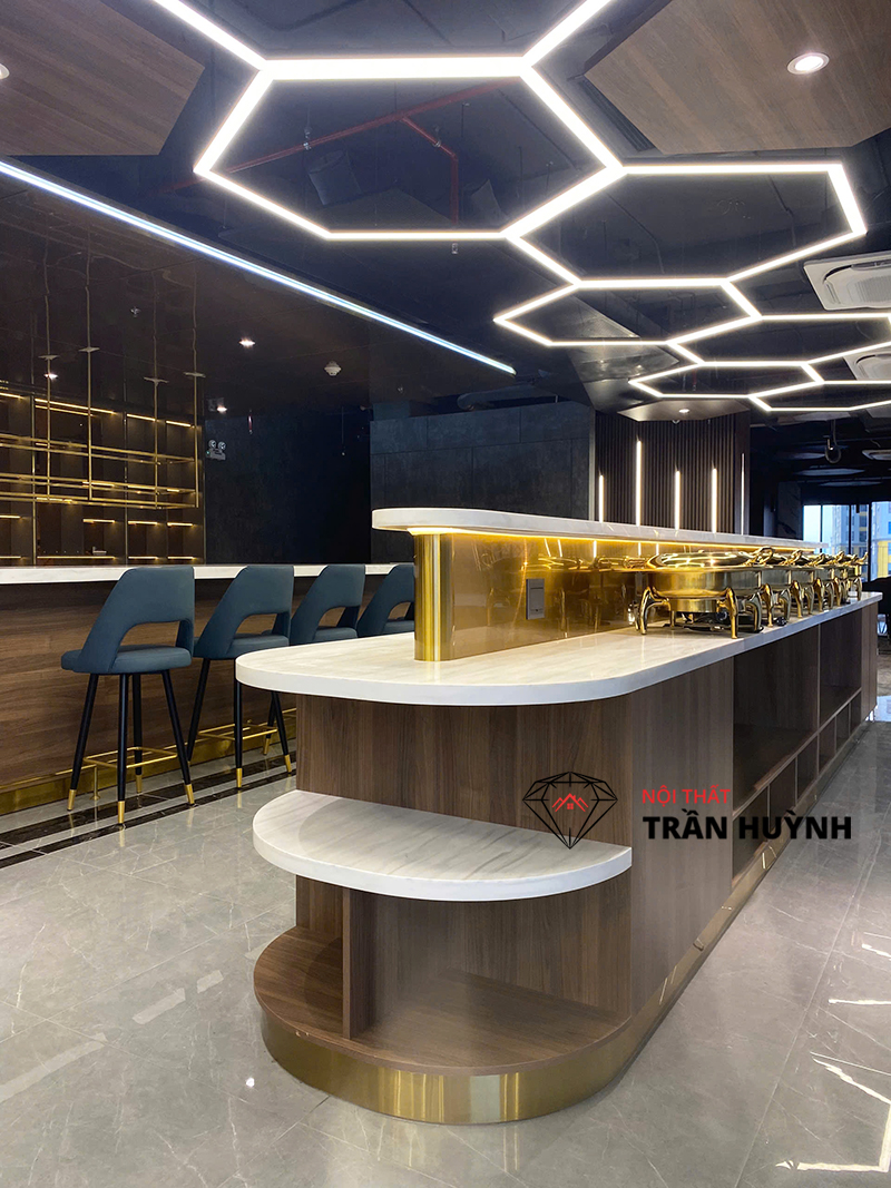Dự Án Thi Công Thực Tế Tại Bcons Dĩ An Bình Dương – Hạng Mục Quầy Buffet, Quầy Bar, Quầy Lễ Tân, Bàn Ăn & Lavabo Đá Solid Surface Cao Cấp