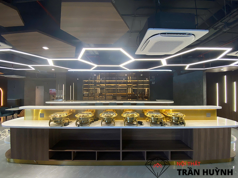 Dự Án Thi Công Thực Tế Tại Bcons Dĩ An Bình Dương – Hạng Mục Quầy Buffet, Quầy Bar, Quầy Lễ Tân, Bàn Ăn & Lavabo Đá Solid Surface Cao Cấp