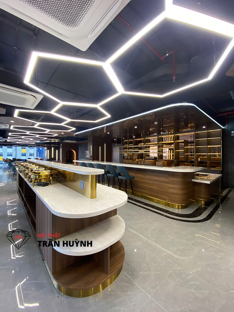 Dự Án Thi Công Thực Tế Tại Bcons Dĩ An Bình Dương – Hạng Mục Quầy Buffet, Quầy Bar, Quầy Lễ Tân, Bàn Ăn & Lavabo Đá Solid Surface Cao Cấp