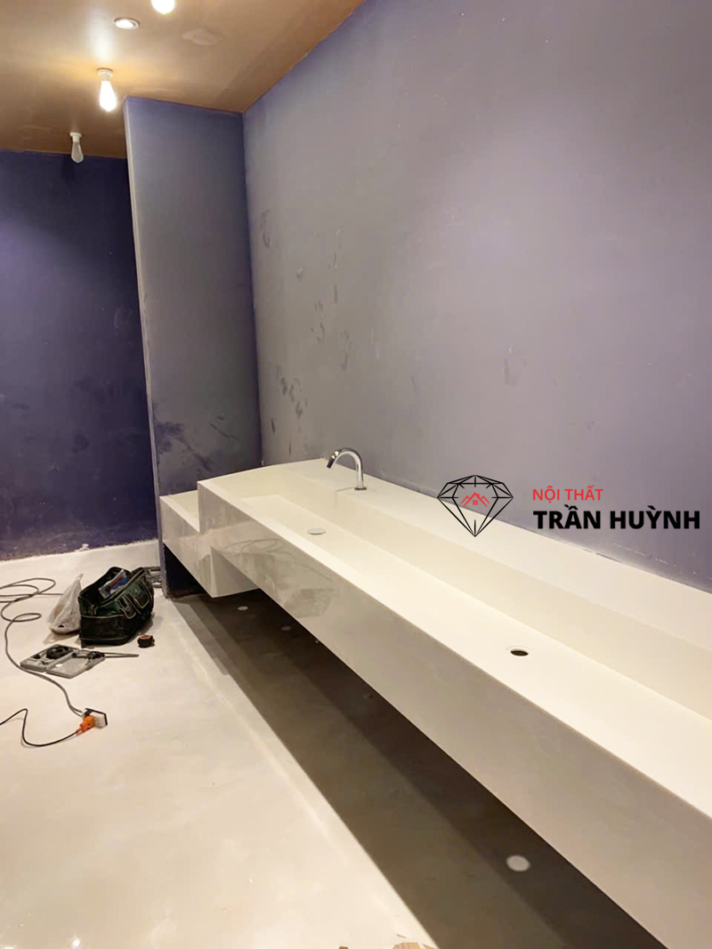 Thi Công Lavabo Liền Khối Đá Solid Surface Tại Coopmart Gò Vấp