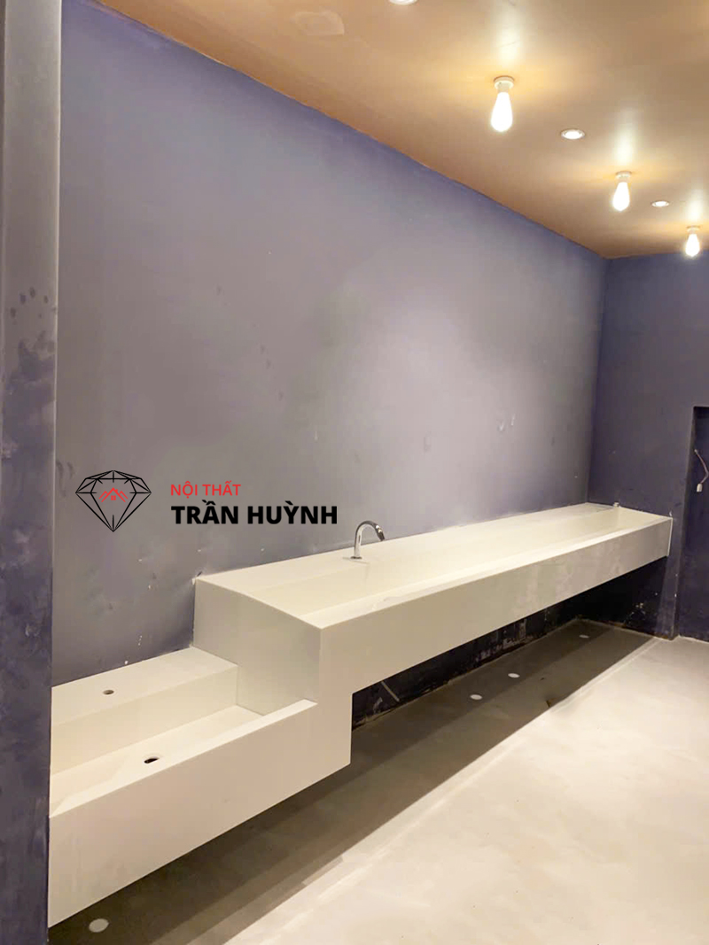 Thi Công Lavabo Liền Khối Đá Solid Surface Tại Coopmart Gò Vấp