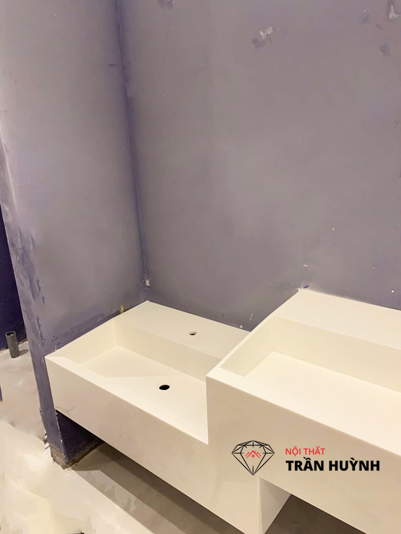 Thi Công Lavabo Liền Khối Đá Solid Surface Tại Coopmart Gò Vấp