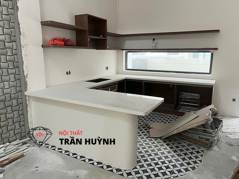 Thi Công Đá Solid Surface S109 Ốp Bếp & Lavabo - Tại Biệt Thự Aqua City Long Hưng Đồng Nai