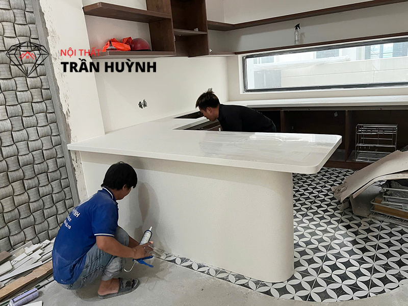 Thi Công Đá Solid Surface S109 Ốp Bếp & Lavabo - Tại Biệt Thự Aqua City Long Hưng Đồng Nai