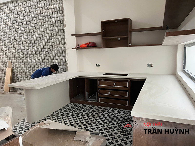 Thi Công Đá Solid Surface S109 Ốp Bếp & Lavabo - Tại Biệt Thự Aqua City Long Hưng Đồng Nai