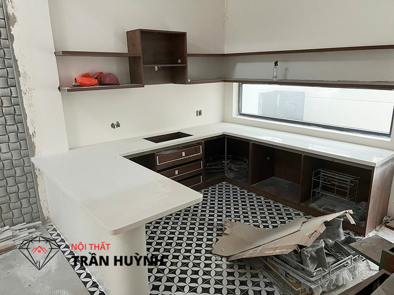 Thi Công Đá Solid Surface S109 Ốp Bếp & Lavabo - Tại Biệt Thự Aqua City Long Hưng Đồng Nai