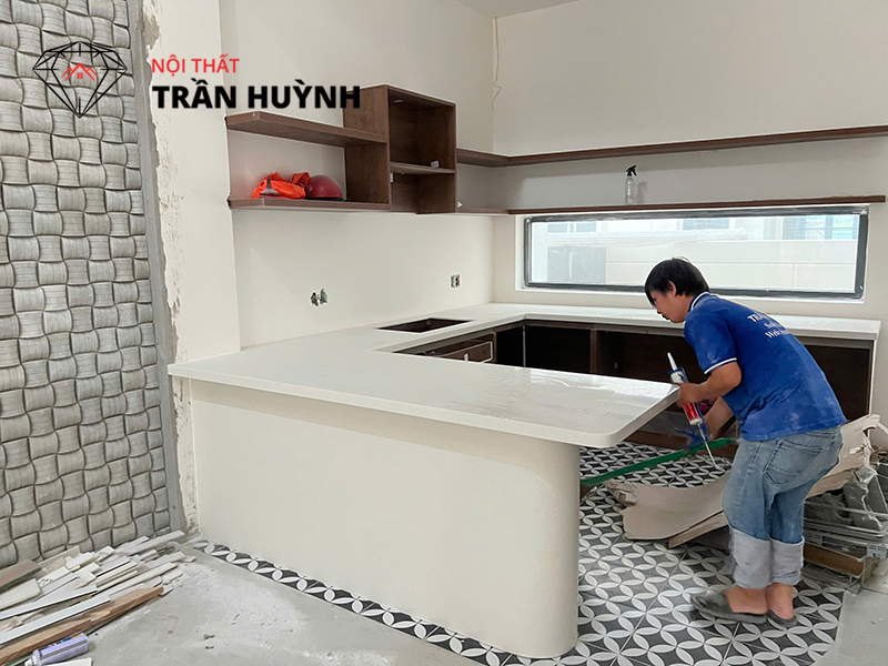 Thi Công Đá Solid Surface S109 Ốp Bếp & Lavabo - Tại Biệt Thự Aqua City Long Hưng Đồng Nai